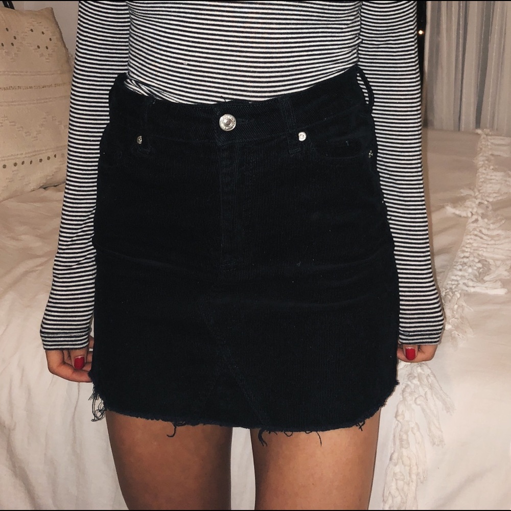 Black Corduroy Frayed Mini Skirt